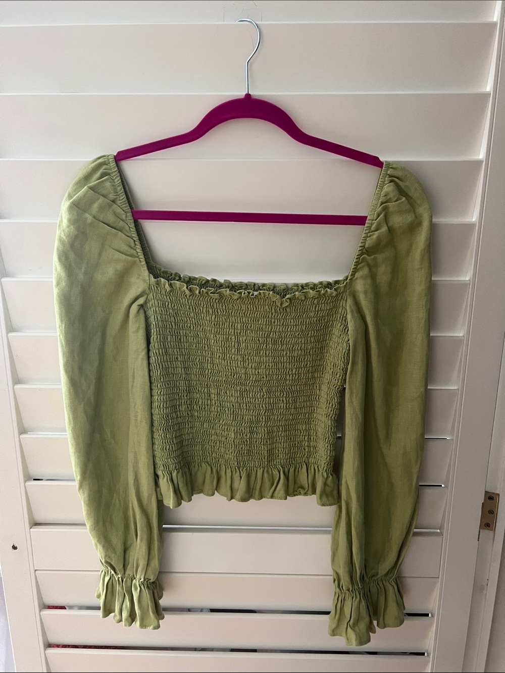 Reformation Olive Green Smocked Square-Neck Puff Sleeve Top